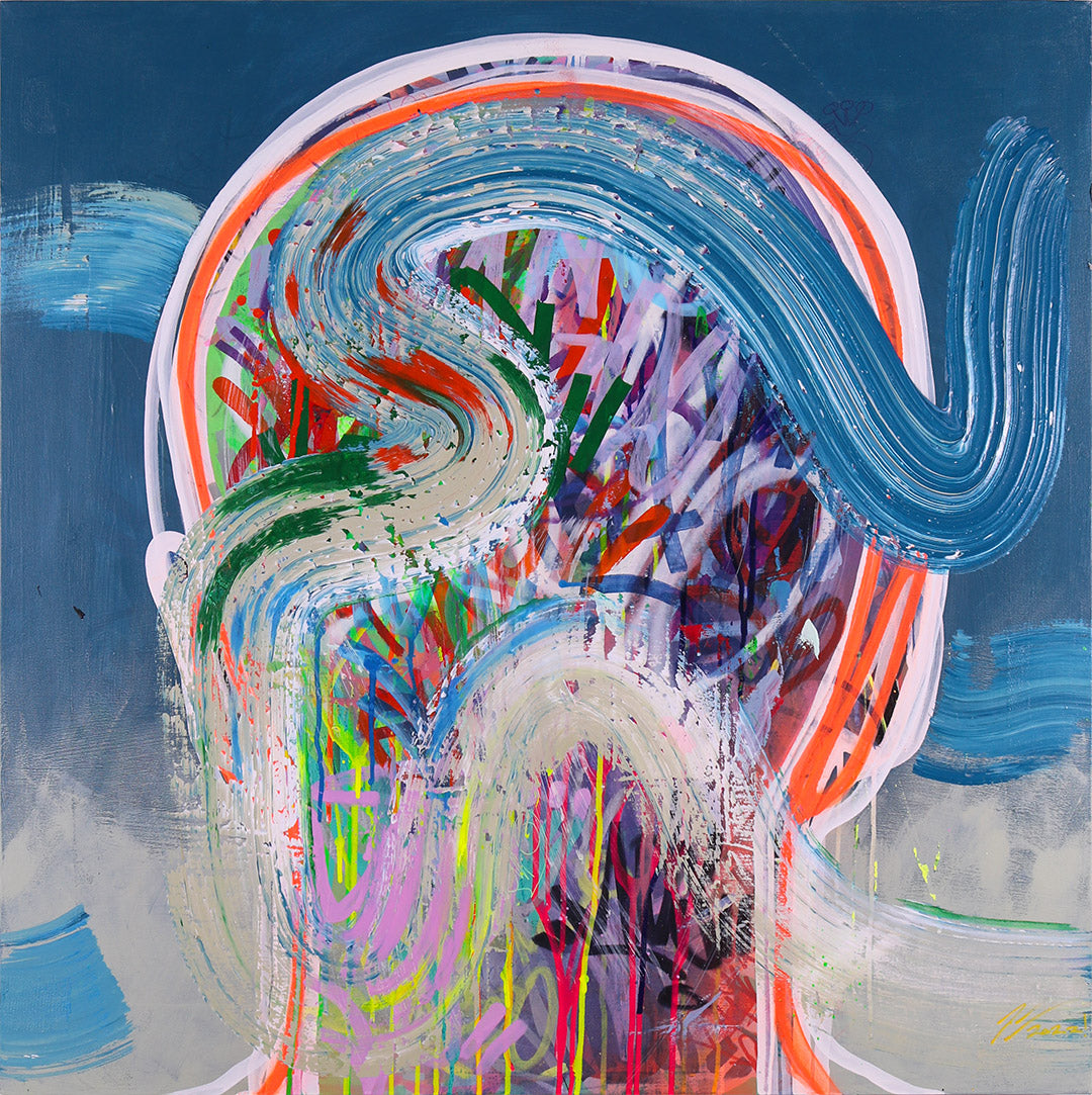 Pintura en lienzo parte de la serie IMMI. creada por cifuentes artista abstracto colombiano titulada 16 DOLLAR PER HOUR IMMI, vista frontal