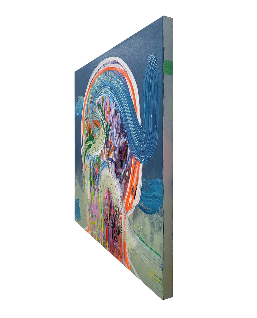 Pintura en lienzo parte de la serie IMMI. creada por cifuentes artista abstracto colombiano titulada 16 DOLLAR PER HOUR IMMI, vista izquierda