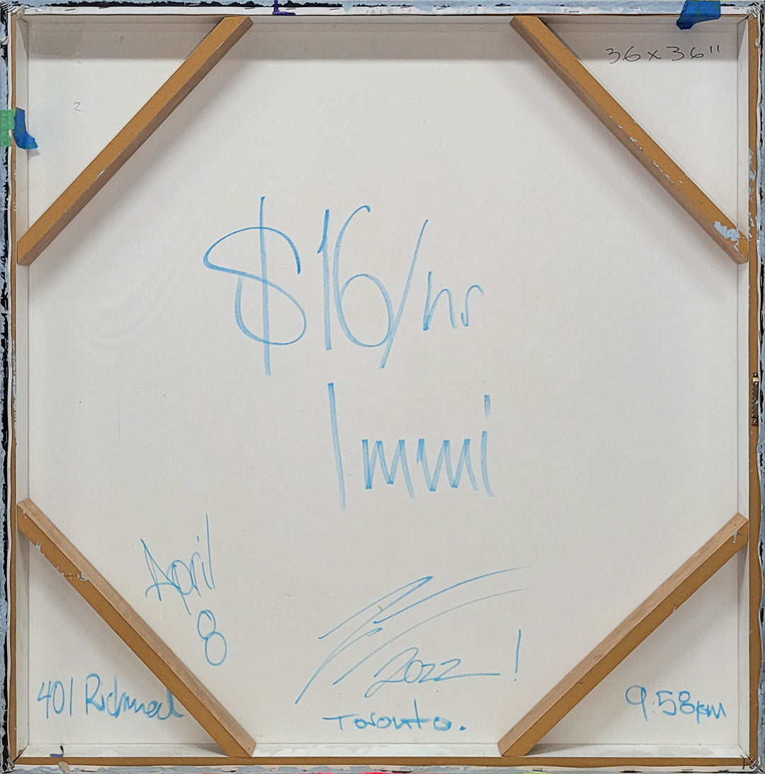 Pintura en lienzo parte de la serie IMMI. creada por cifuentes artista abstracto colombiano titulada 16 DOLLAR PER HOUR IMMI, vista trasera