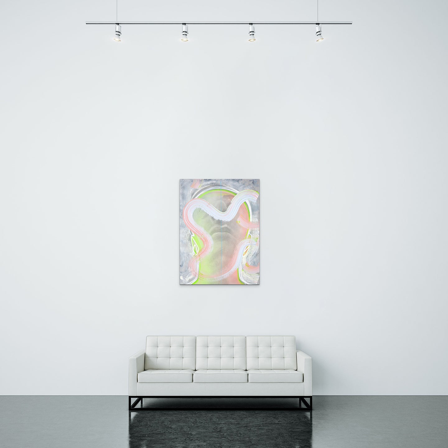 Pintura en lienzo parte de la serie IMMI. creada por cifuentes artista abstracto colombiano titulada 40 DOLLAR PER HOUR IMMI, vista in situ