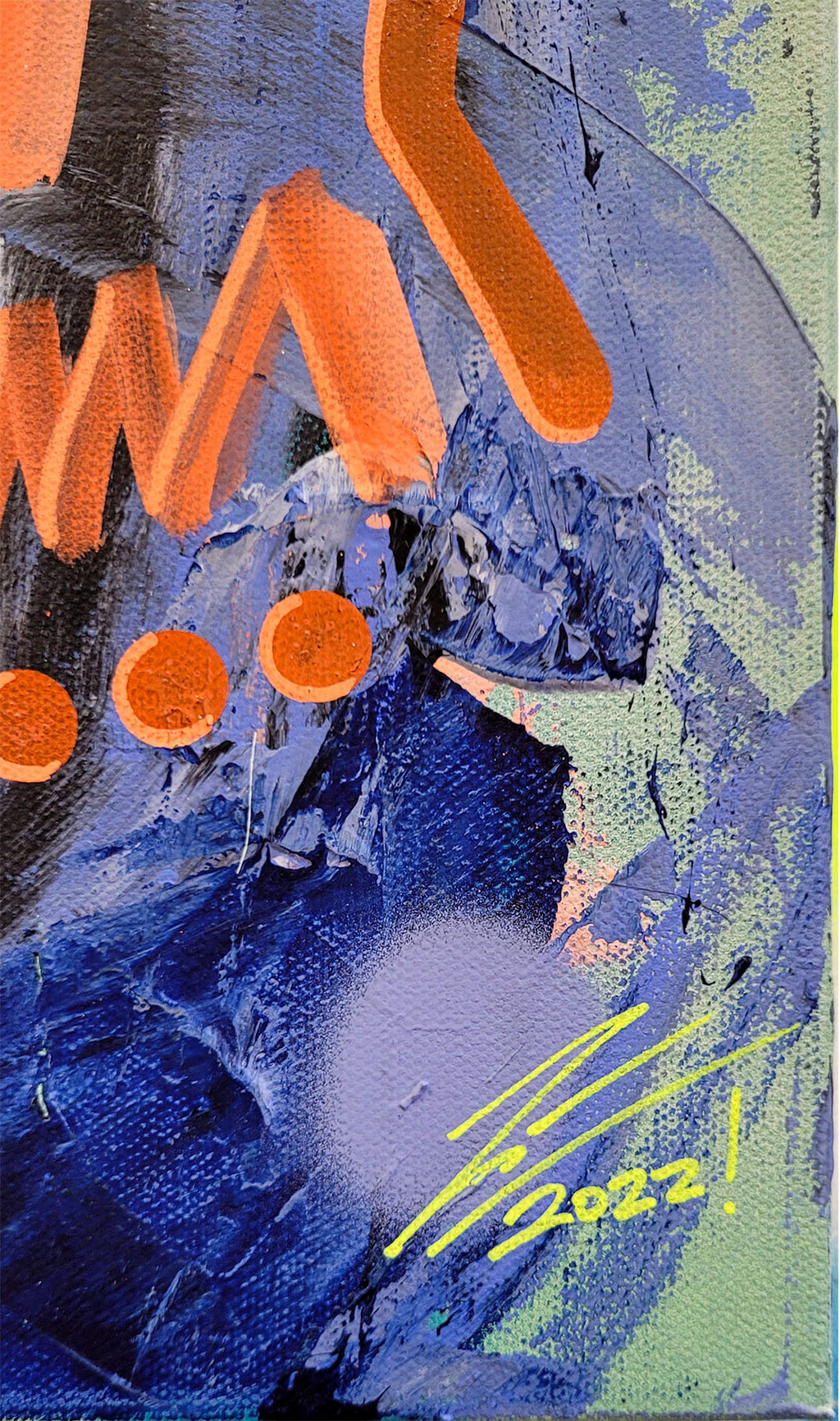 Pintura en lienzo. creada por cifuentes artista abstracto colombiano titulada CONSCIOSNESS 101, vista detalle. firma del artista