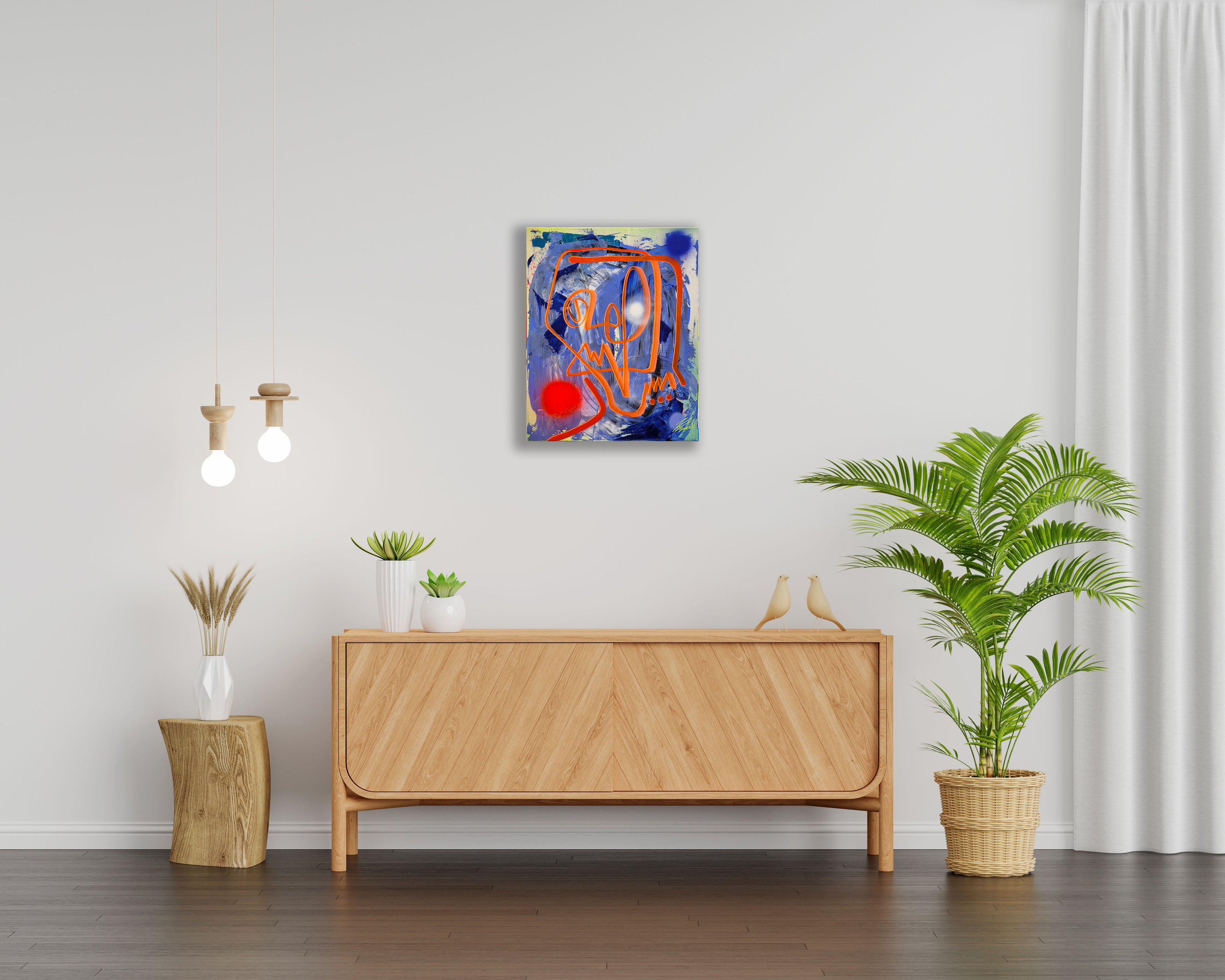 Pintura en lienzo. creada por cifuentes artista abstracto colombiano titulada CONSCIOSNESS 101, vista in situ, tropical setting.