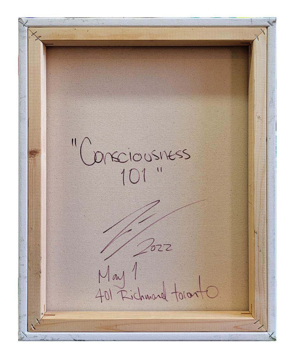 Pintura en lienzo. creada por cifuentes artista abstracto colombiano titulada CONSCIOSNESS 101, vista trasera