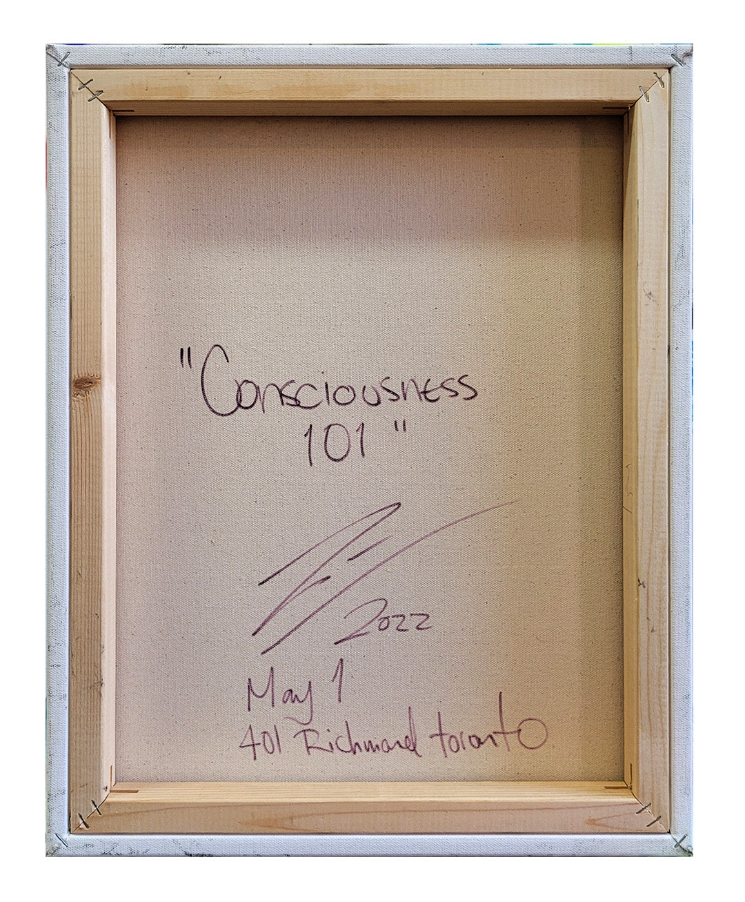 Pintura en lienzo. creada por cifuentes artista abstracto colombiano titulada CONSCIOSNESS 101, vista trasera