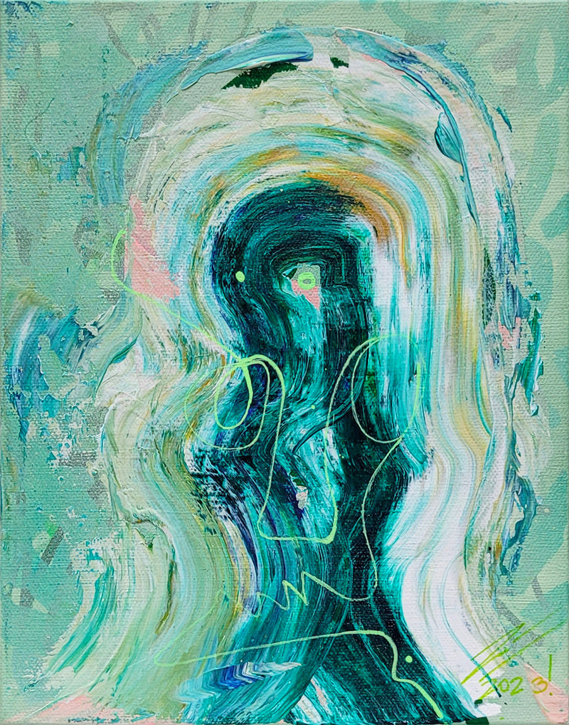 Pintura en lienzo creada por cifuentes artista abstracto colombiano titulada DISTRACTIONS IN EMERALD, vista frontal