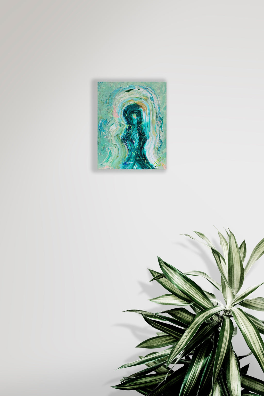 Pintura en lienzo creada por cifuentes artista abstracto colombiano titulada DISTRACTIONS IN EMERALD, vista in situ