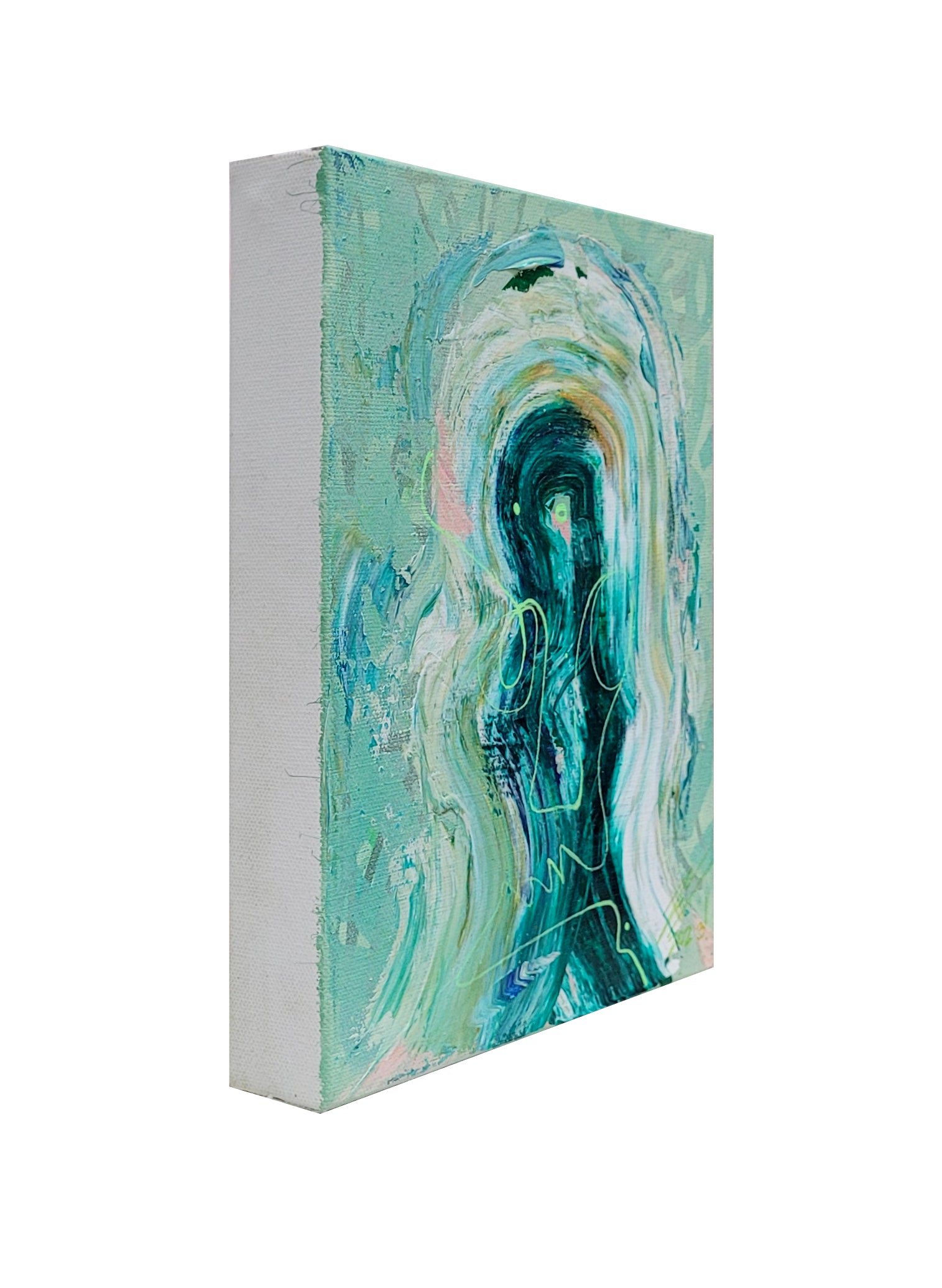 Pintura en lienzo creada por cifuentes artista abstracto colombiano titulada DISTRACTIONS IN EMERALD, vista derecha