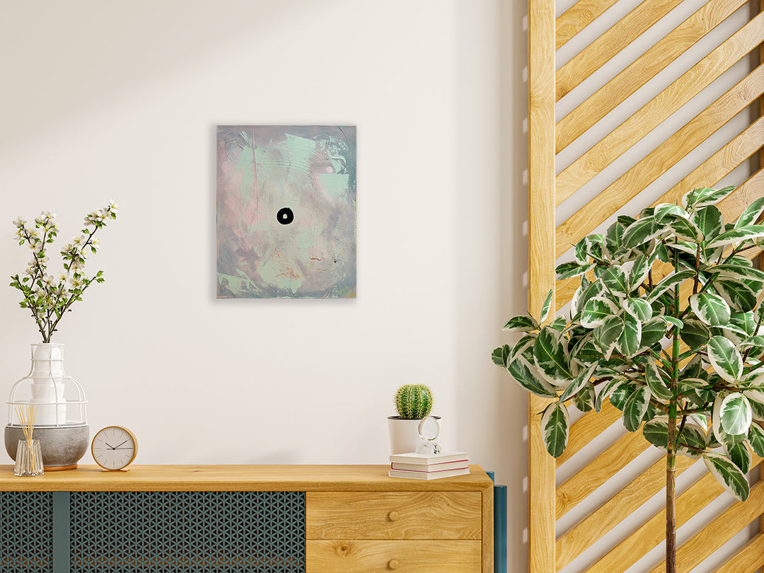 Pintura en lienzo. creada por cifuentes artista abstracto colombiano titulada EL ESPEJO, vista in situ