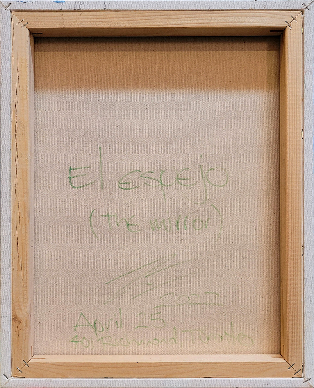 Pintura en lienzo. creada por cifuentes artista abstracto colombiano titulada EL ESPEJO, vista trasera