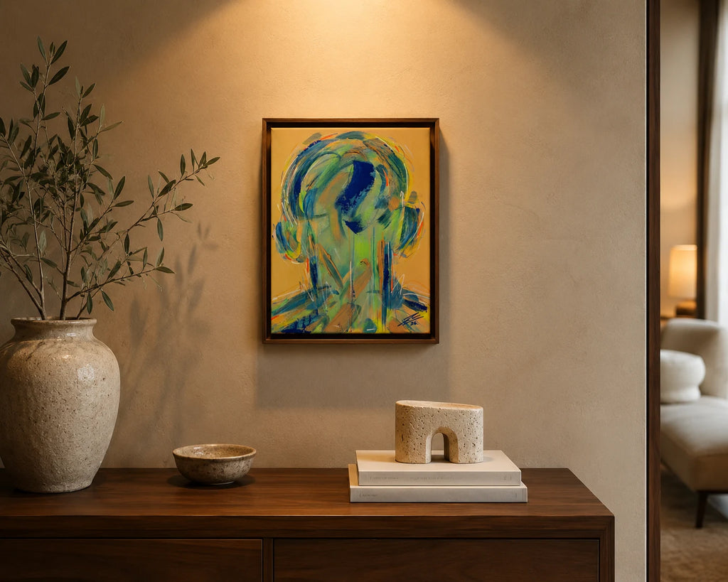 Estudio 9 — EXISTIR, pintura abstracta original de Cifuentes, artista abstracto colombiano, vista in situ en interior