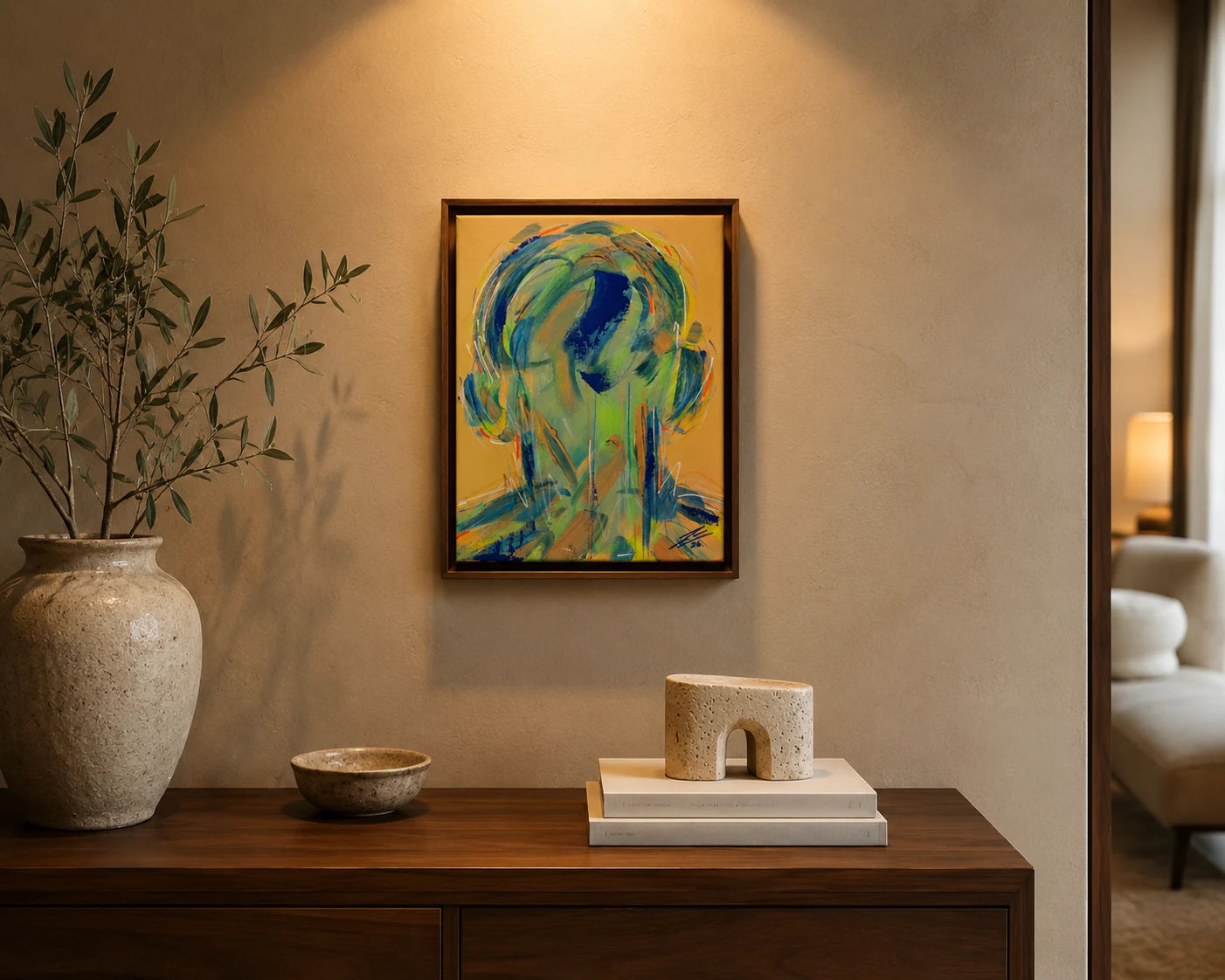 Estudio 9 — EXISTIR, pintura abstracta original de Cifuentes, artista abstracto colombiano, vista in situ en interior