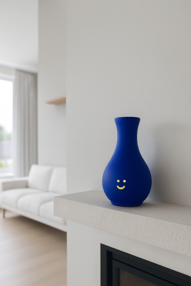 Florero mini en cerámica. Intervenido por cifuentes artista abstracto colombiano titulado HAPPY FLORERO NEON, vista in situ