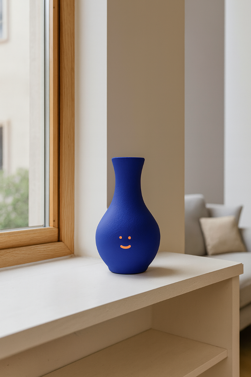 Florero azul en cerámica. Intervenido por cifuentes artista abstracto colombiano titulado HAPPY FLORERO ORANGE, vista in situ