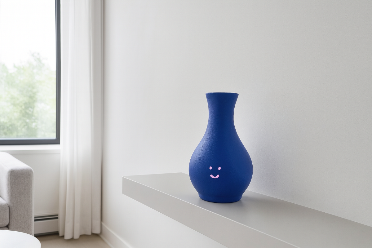 Florero mini en cerámica. Intervenido por cifuentes artista abstracto colombiano titulado HAPPY FLORERO PINK, vista in situ