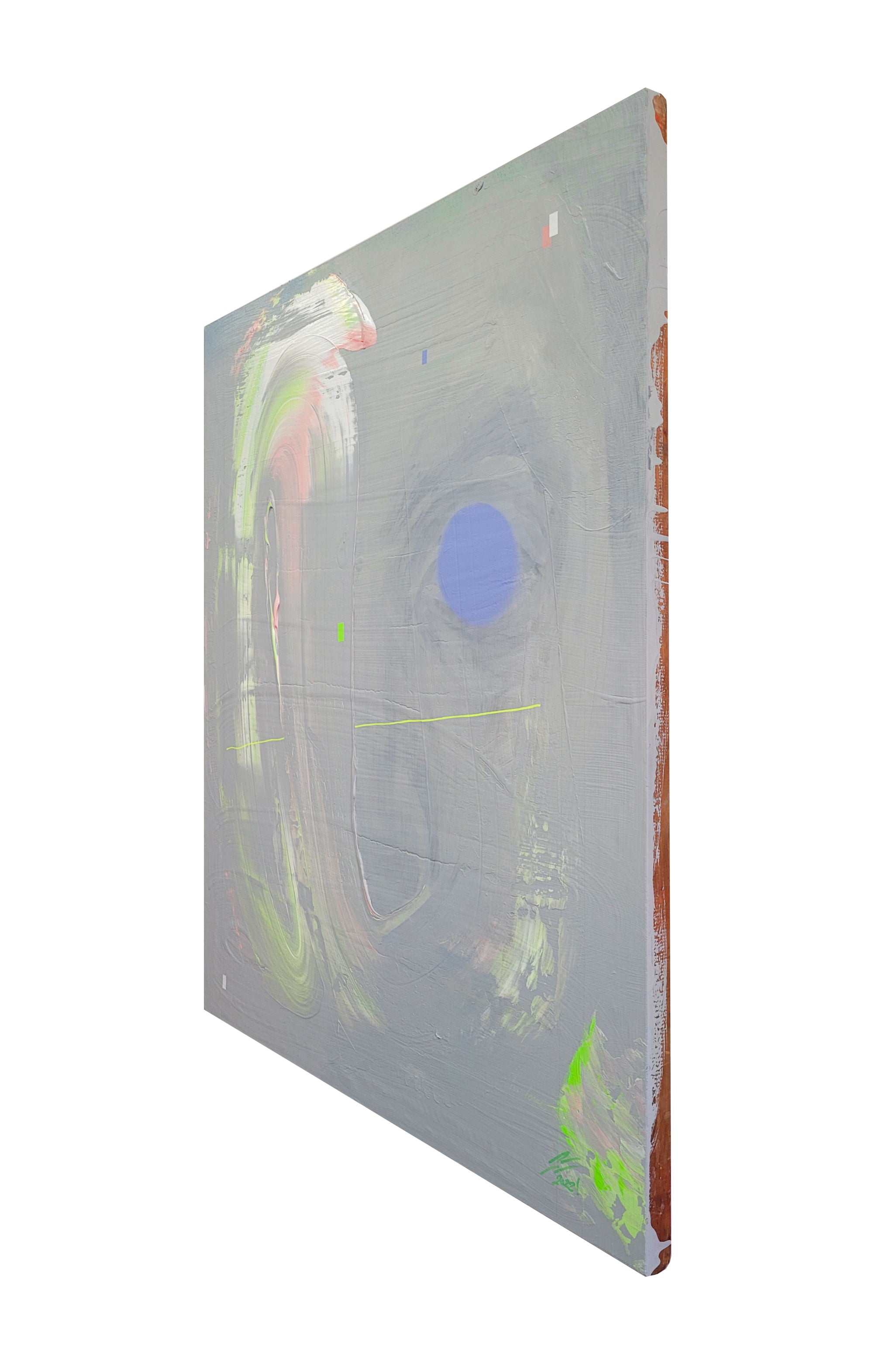 Pintura en seda de serigrafía. creada por cifuentes artista abstracto colombiano titulada IMBALANCE, vista izquierda