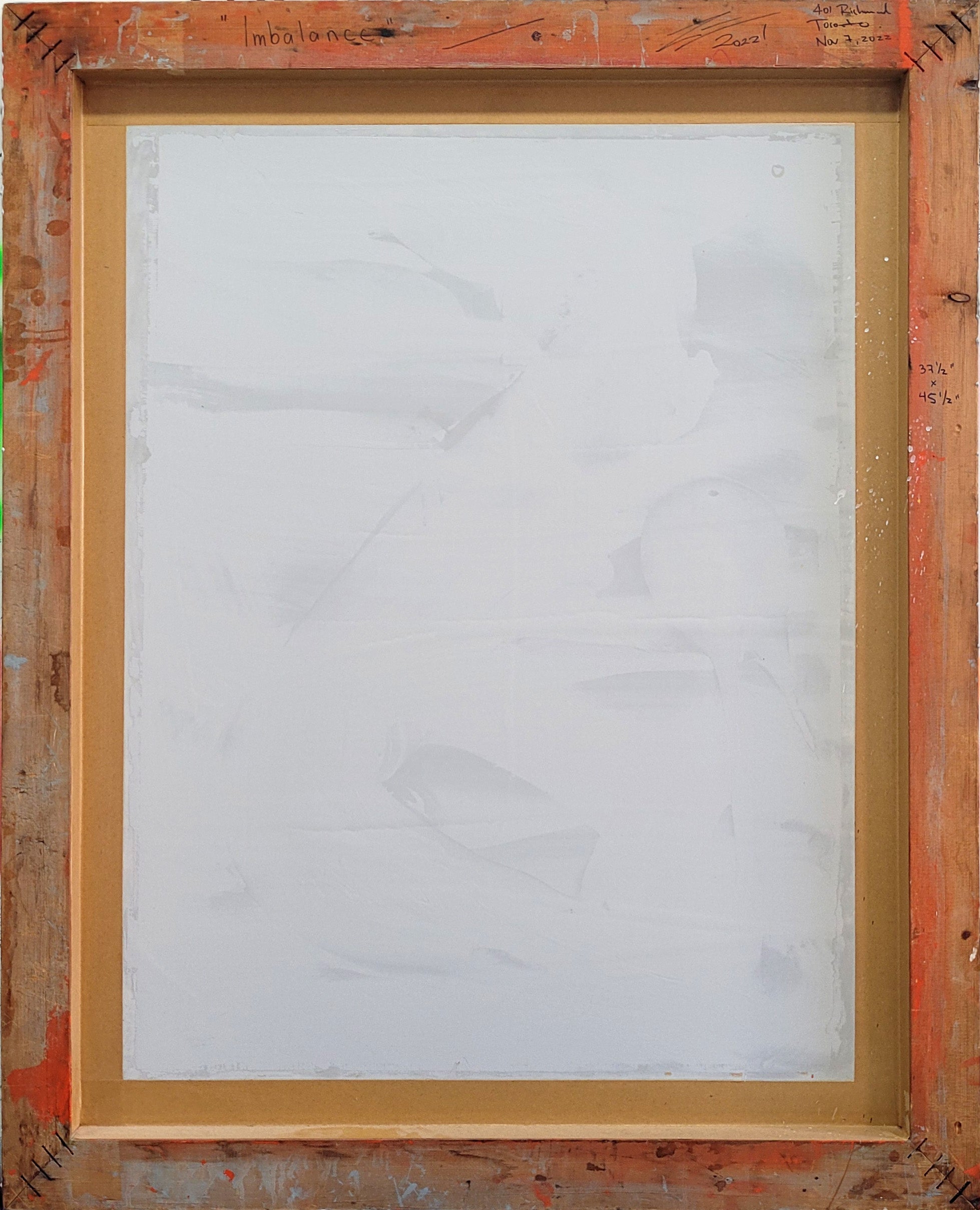 Pintura en seda de serigrafía. creada por cifuentes artista abstracto colombiano titulada IMBALANCE, vista trasera