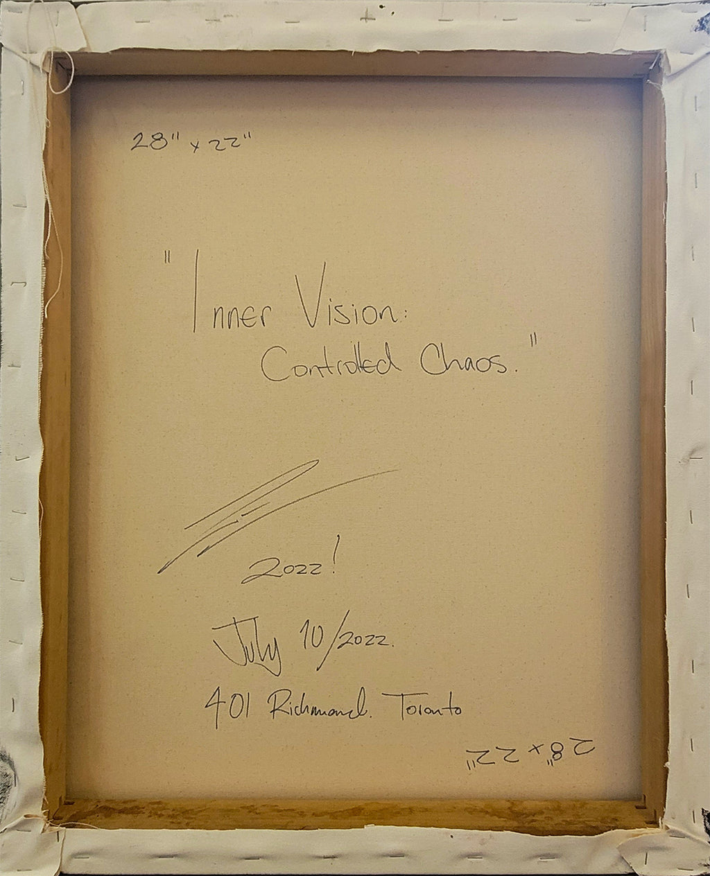 Pintura en lienzo parte de la serie Inner Vision. creada por cifuentes artista abstracto colombiano titulada INNER VISION: CONTROLLED CHAOS, vista trasera