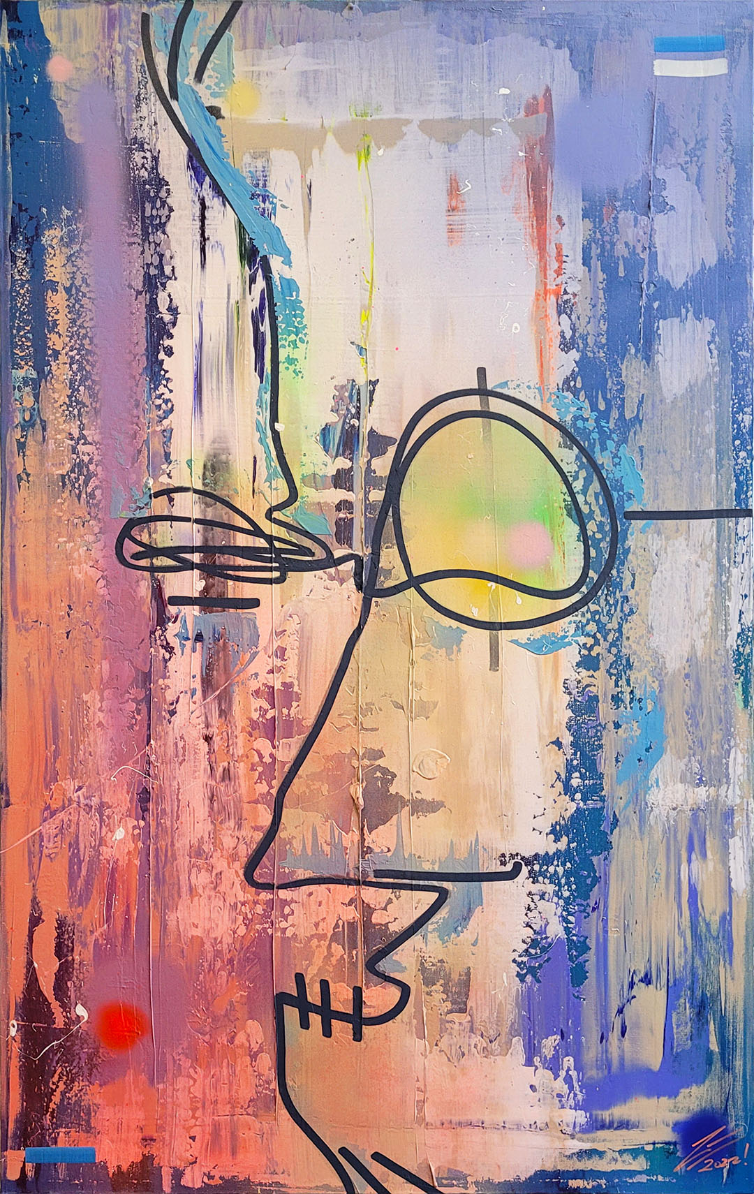 Pintura en lienzo. creada por cifuentes artista abstracto colombiano titulada IN THIS NEW REALITY, vista frontal