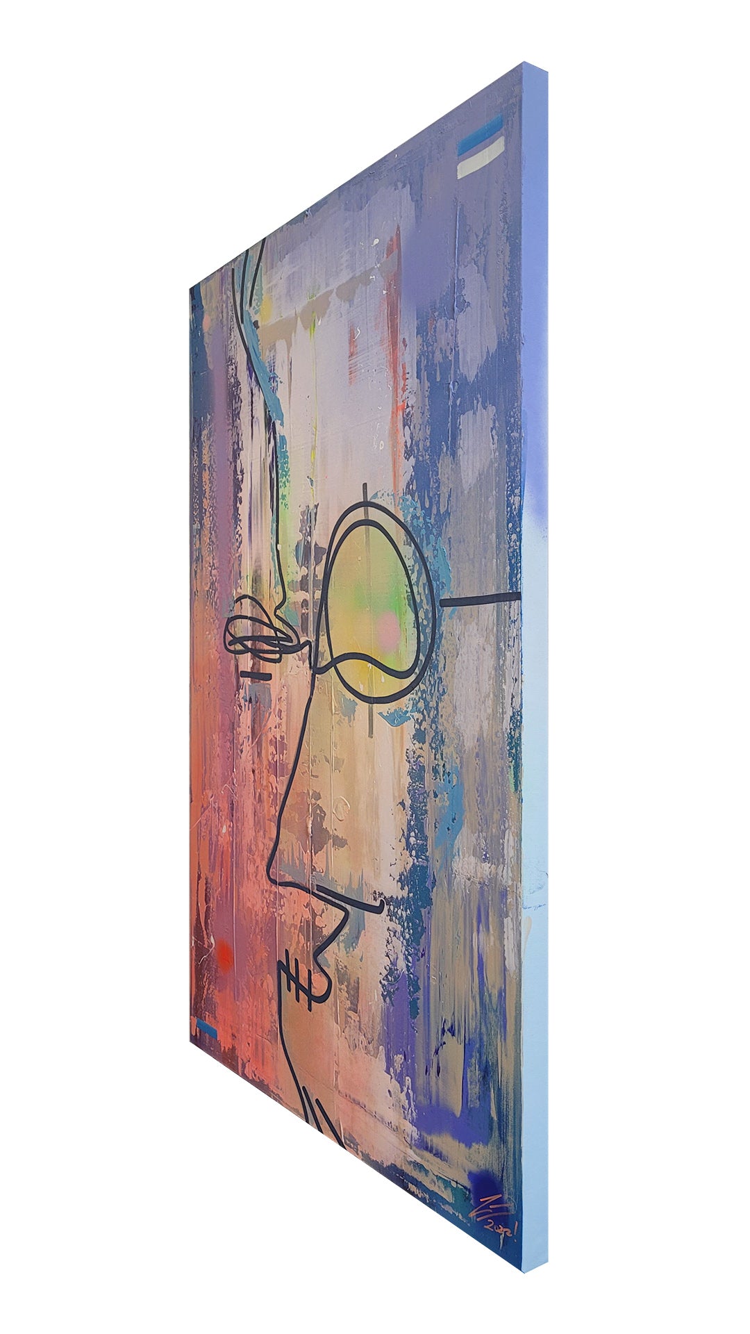 Pintura en lienzo. creada por cifuentes artista abstracto colombiano titulada IN THIS NEW REALITY, vista izquierda