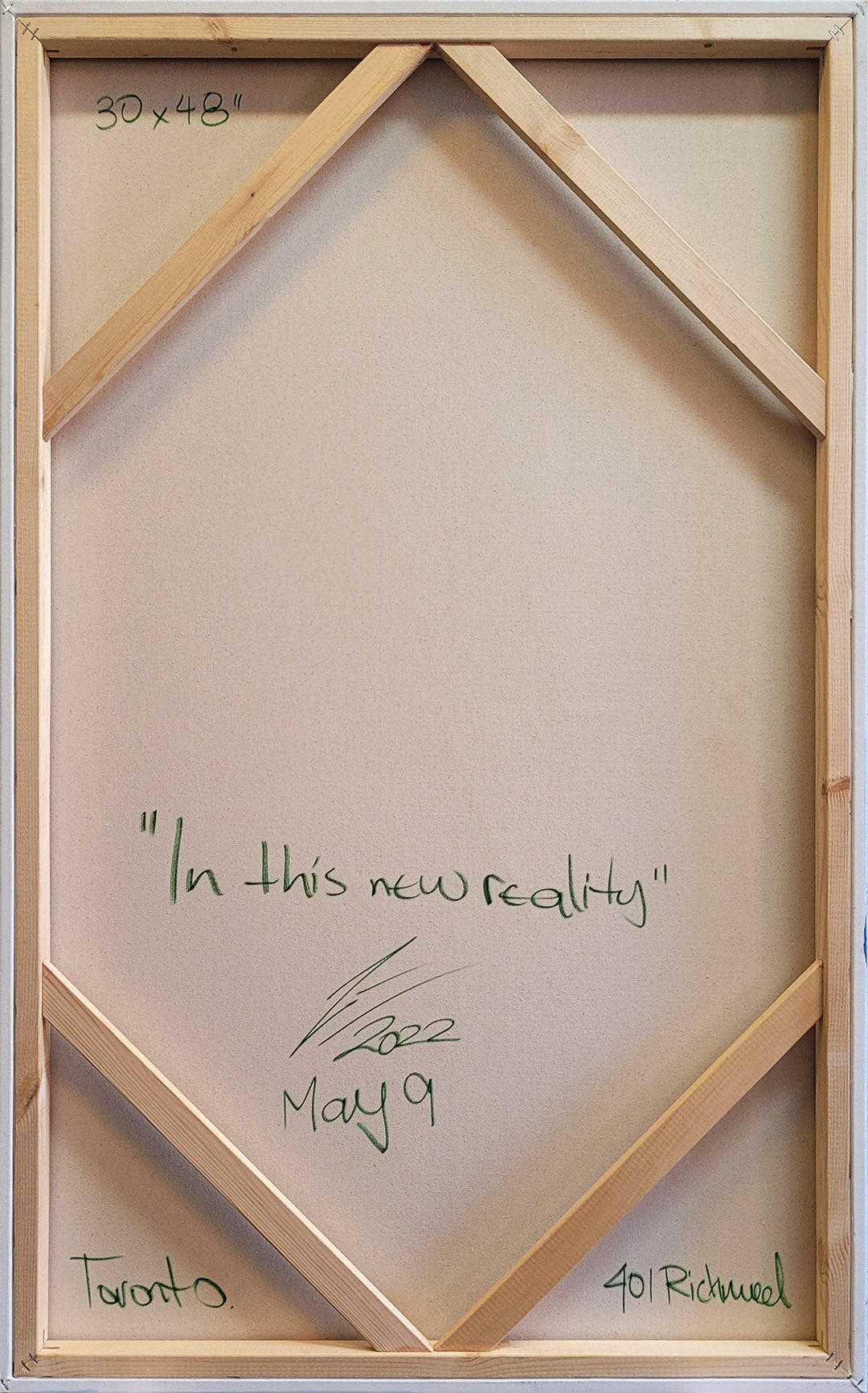 Pintura en lienzo. creada por cifuentes artista abstracto colombiano titulada IN THIS NEW REALITY, vista trasera