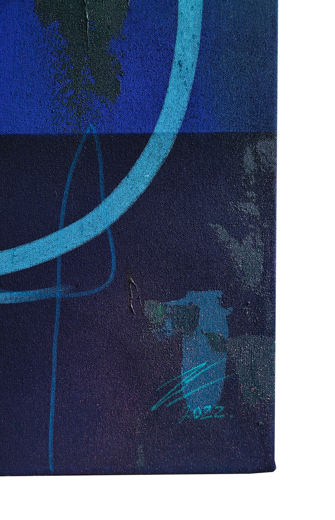 Pintura en lienzo. creada por cifuentes artista abstracto colombiano titulada LET GO OR BE DRAGGED, vista detalle, firma del artista