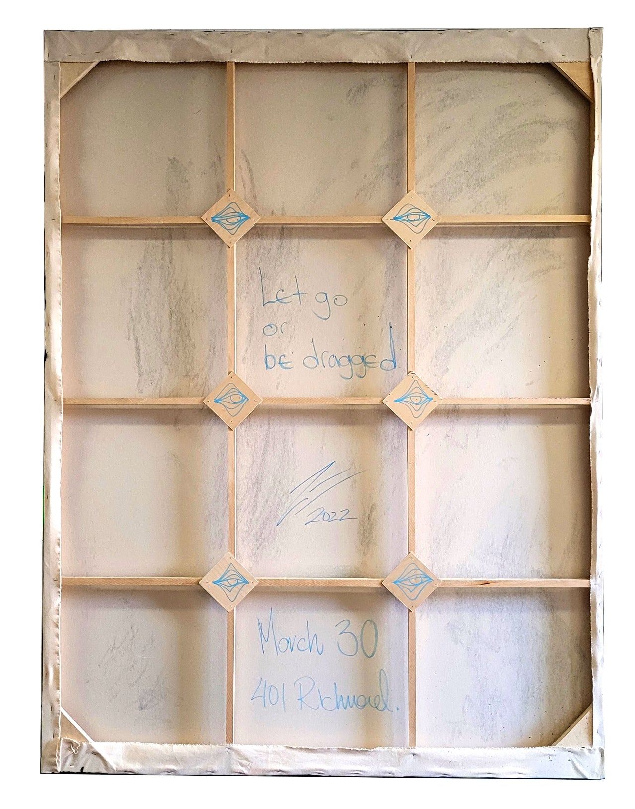 Pintura en lienzo. creada por cifuentes artista abstracto colombiano titulada LET GO OR BE DRAGGED, vista trasera