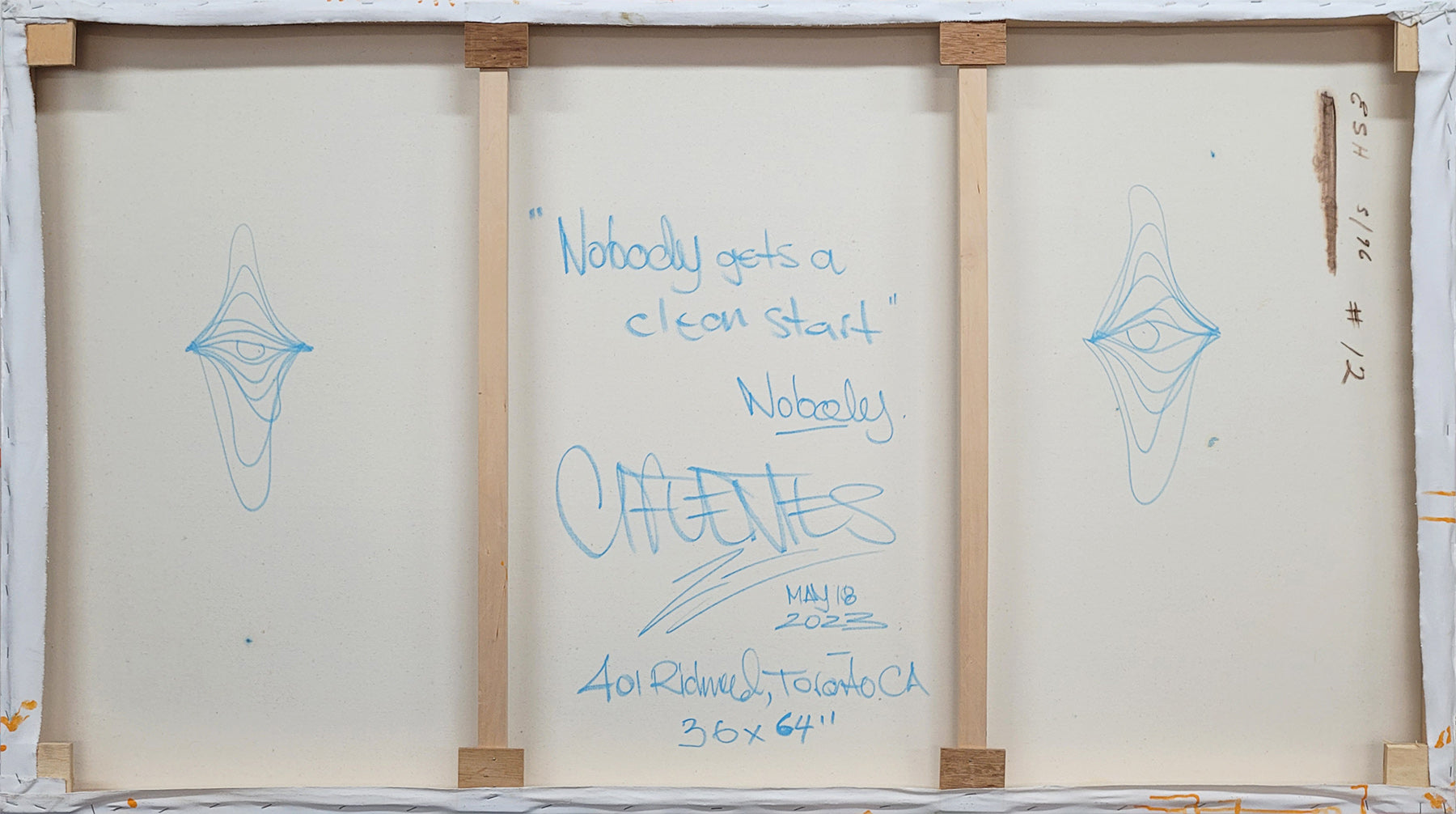 Pintura en lienzo. creada por cifuentes artista abstracto colombiano titulada NOBODY GETS A CLEAN START, vista trasera