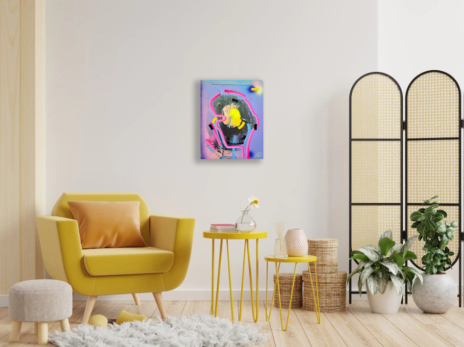 Pintura en lienzo. creada por cifuentes artista abstracto colombiano titulada THE LIMITS OF PERCEPTION, vista in situ