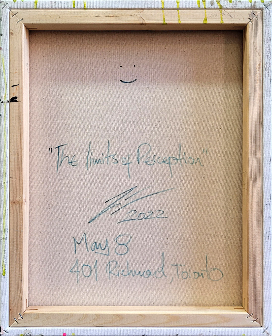 Pintura en lienzo. creada por cifuentes artista abstracto colombiano titulada THE LIMITS OF PERCEPTION, vista trasera