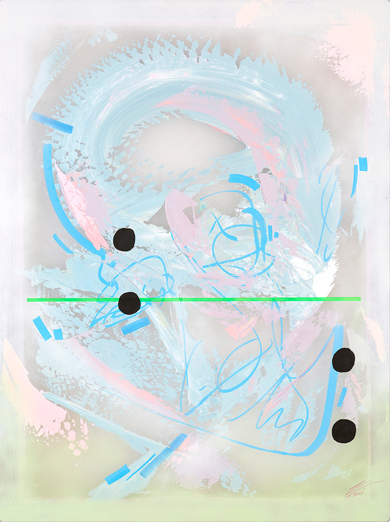 Pintura en seda de serigrafía. creada por cifuentes artista abstracto colombiano titulada THE SHINNING, vista frontal