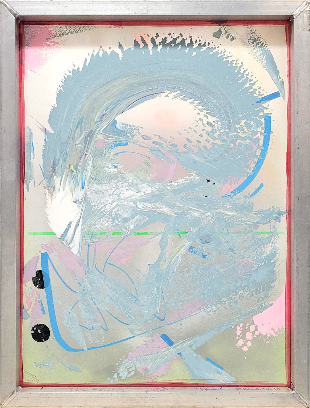 Pintura en seda de serigrafía. creada por cifuentes artista abstracto colombiano titulada THE SHINNING, vista trasera