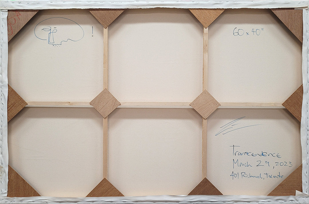 Pintura en lienzo. creada por cifuentes artista abstracto colombiano titulada TRANSCENDENCE, vista trasera