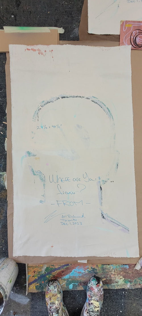 Pintura en lienzo creada por cifuentes artista abstracto colombiano titulada WHERE ARE YOU FROM? FROM, vista trasera