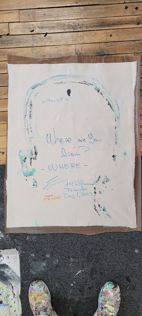 Pintura en lienzo creada por cifuentes artista abstracto colombiano titulada WHERE ARE YOU FROM? WHERE, vista trasera