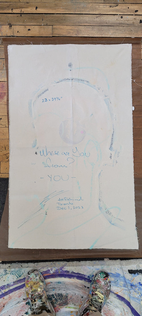 Pintura en lienzo creada por cifuentes artista abstracto colombiano titulada WHERE ARE YOU FROM? YOU, vista trasera